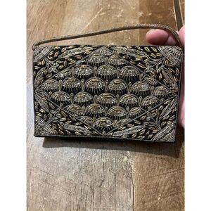 Vintage Glamorous Beaded Clutch Handbag Black Velvet Party Purse